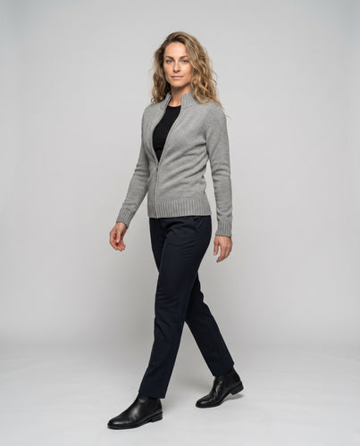 Damen nan schlanker Feinstrick-Cardigan mit sichtbarem Reißverschluss, hohem Rippenkragen und verlängerter Saumblende R&B