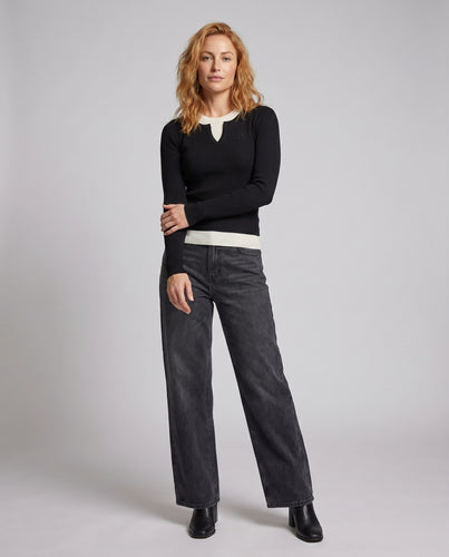 Damen nan schmal geschnittenes Feinstrick-Langarmshirt mit geripptem Strukturmix und V-Schlitzkragen R&B