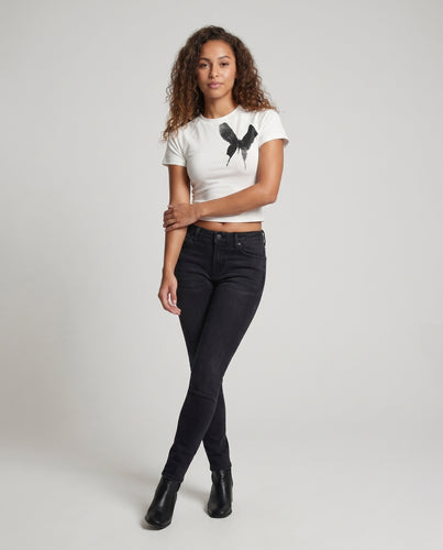 Damen nan schmal geschnittenes kurzes Shirt mit künstlerischem Schmetterlingsprint, Rundhalsausschnitt und Stretchanteil R&B