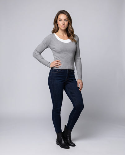 Damen nan schmaler V-Ausschnitt Lagenpullover aus feinem Rippenstrick mit verlängerten Ärmelbündchen R&B
