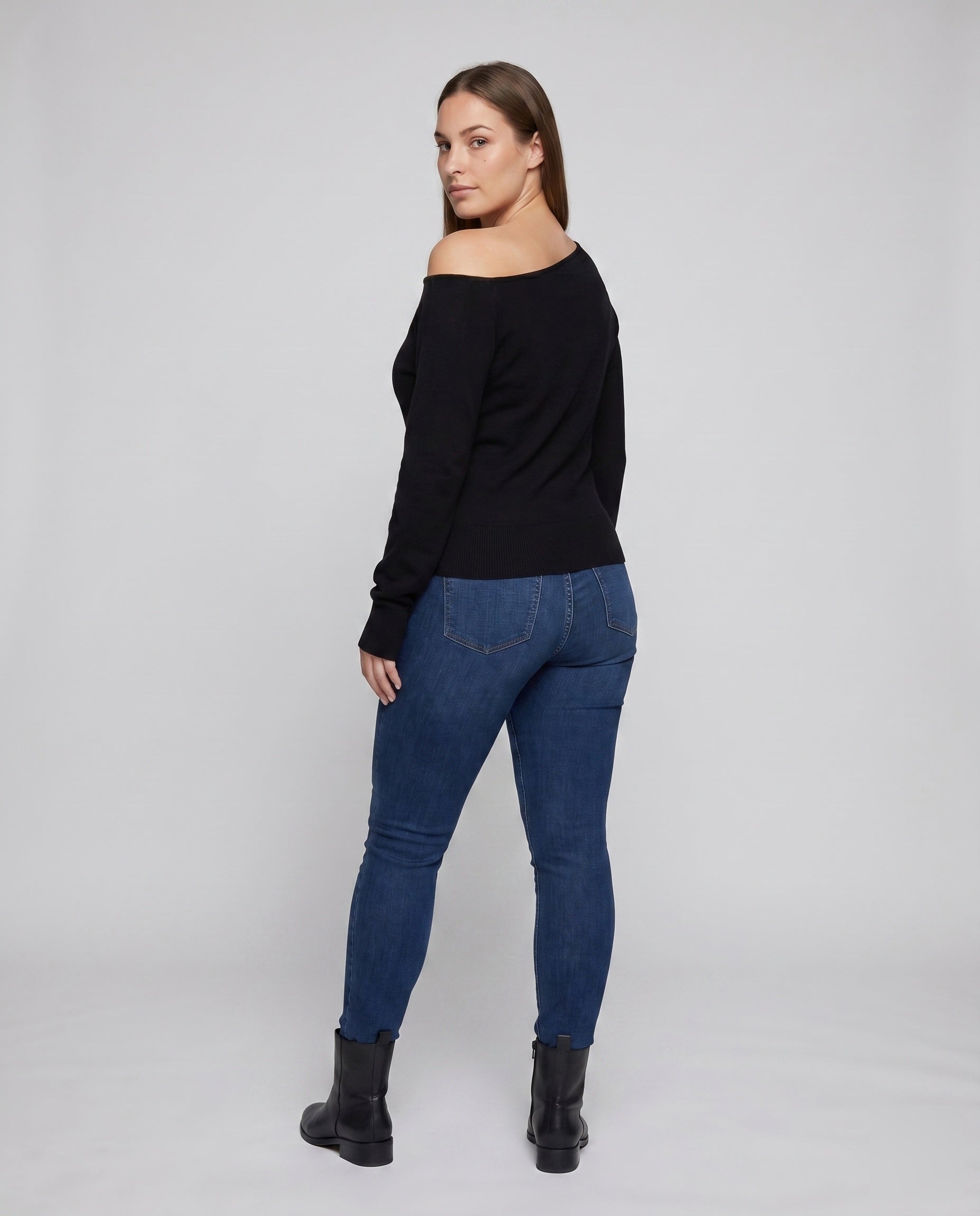 Damen nan schulterfreier Feinstrickpullover mit asymmetrischem Ausschnitt und tailliertem Bund R&B