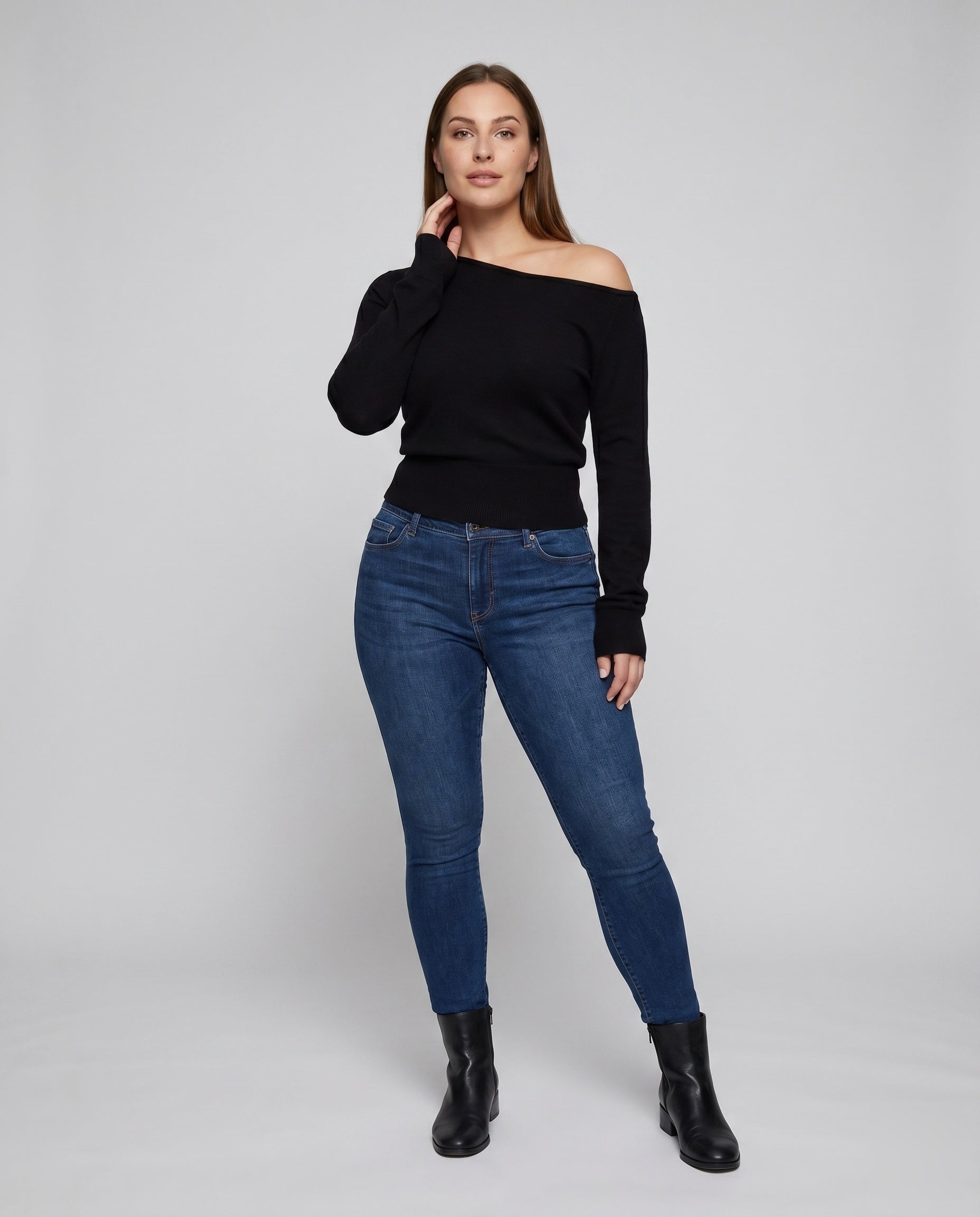 Damen nan schulterfreier Feinstrickpullover mit asymmetrischem Ausschnitt und tailliertem Bund R&B
