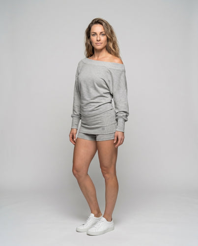 Damen nan schulterfreies Freizeit-Set mit weitem Sweatshirt und tailliertem Rippenminirock R&B
