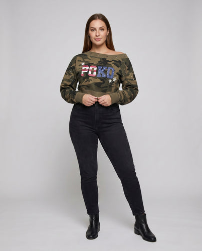 Damen nan schulterfreies kurzes Sweatshirt mit Ösenkragen, Vintage-Waschung und Sternprint R&B