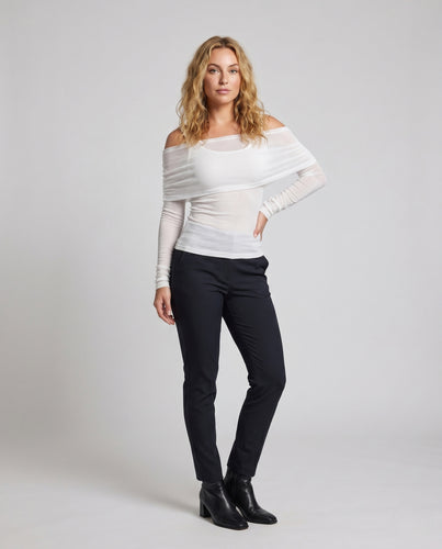Damen nan schulterfreies langärmeliges Mesh-Top mit doppeltem Trägerdetail und tailliertem Stretchfeinstrick R&B