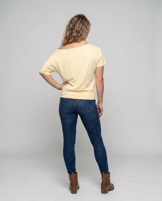 Damen nan schulterfreies Relax-Oberteil mit weitem U-Boot-Ausschnitt, Kurzarm und doppellagigem Saum R&B