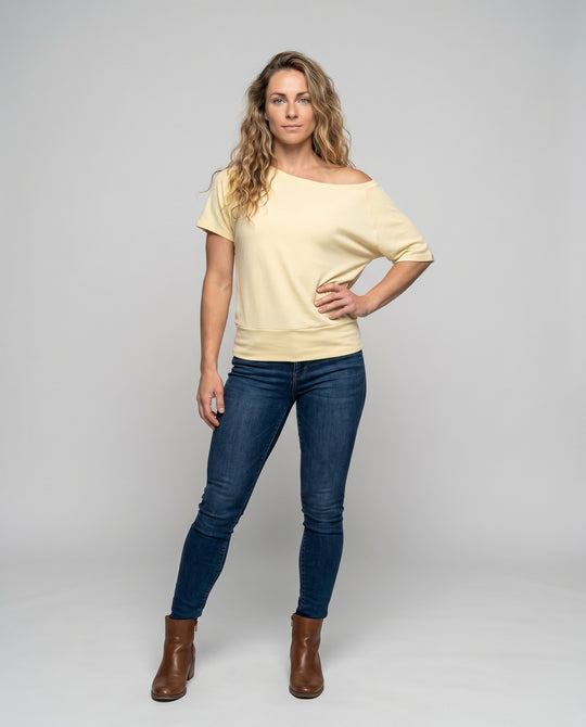 Damen nan schulterfreies Relax-Oberteil mit weitem U-Boot-Ausschnitt, Kurzarm und doppellagigem Saum R&B