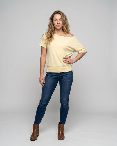 Damen nan schulterfreies Relax-Oberteil mit weitem U-Boot-Ausschnitt, Kurzarm und doppellagigem Saum R&B