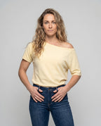 Damen nan schulterfreies Relax-Oberteil mit weitem U-Boot-Ausschnitt, Kurzarm und doppellagigem Saum R&B