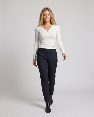 Damen nan tailliertes Feinripp-Langarmshirt mit V-Knopfleiste und konturierter Bustiernaht R&B