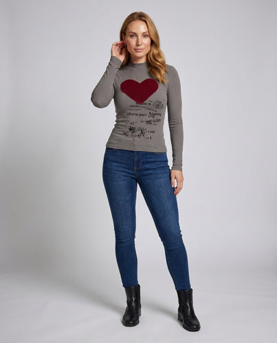 Damen nan tailliertes Feinstrick-Langarmshirt mit Herz-Applikation R&B