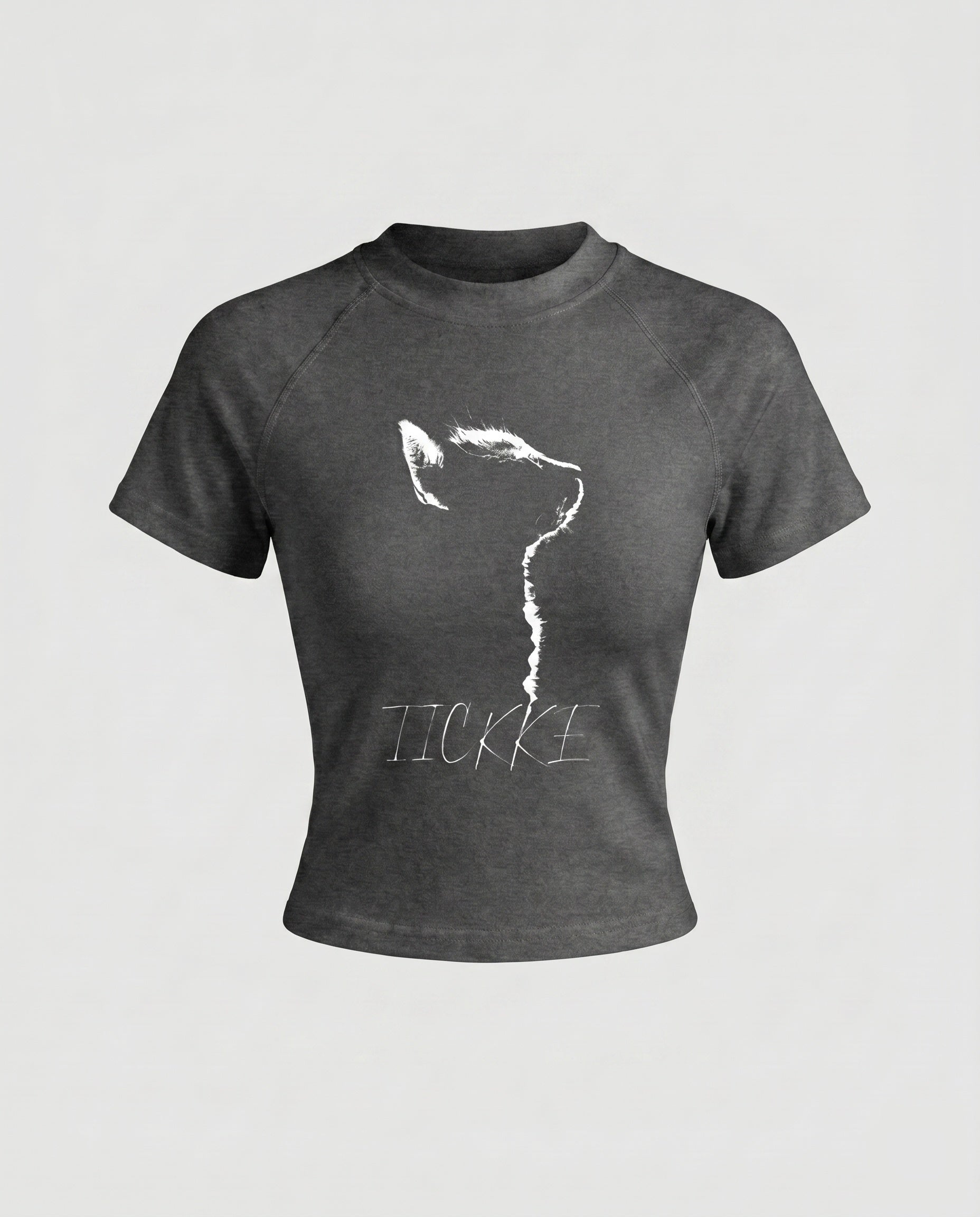 Damen nan tailliertes Kurzshirt mit stretchigem Jersey, Rundhalsausschnitt und minimalistischer Katzen-Skizze R&B
