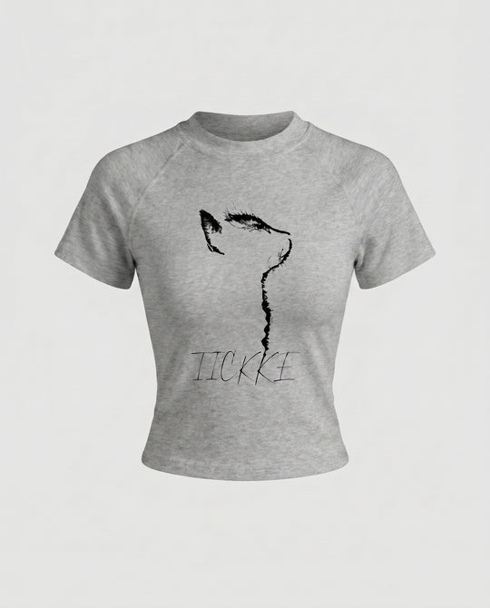 Damen nan tailliertes Kurzshirt mit stretchigem Jersey, Rundhalsausschnitt und minimalistischer Katzen-Skizze R&B
