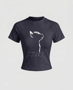 Damen nan tailliertes Kurzshirt mit stretchigem Jersey, Rundhalsausschnitt und minimalistischer Katzen-Skizze R&B