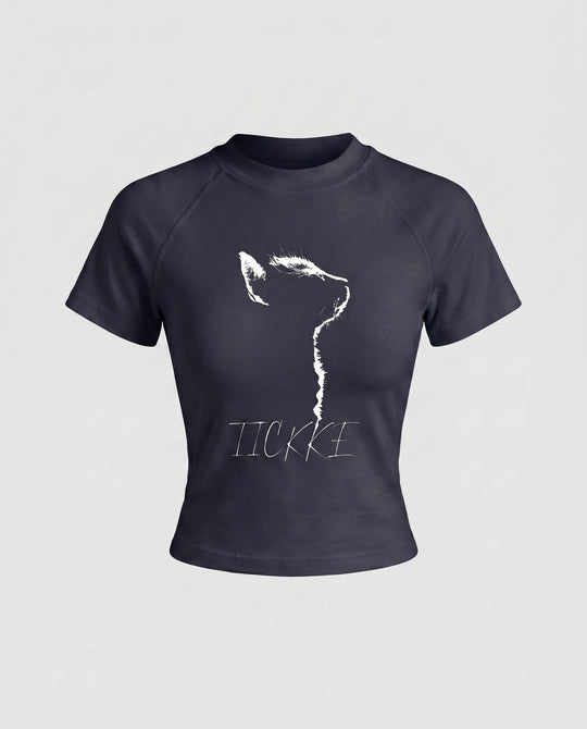 Damen nan tailliertes Kurzshirt mit stretchigem Jersey, Rundhalsausschnitt und minimalistischer Katzen-Skizze R&B