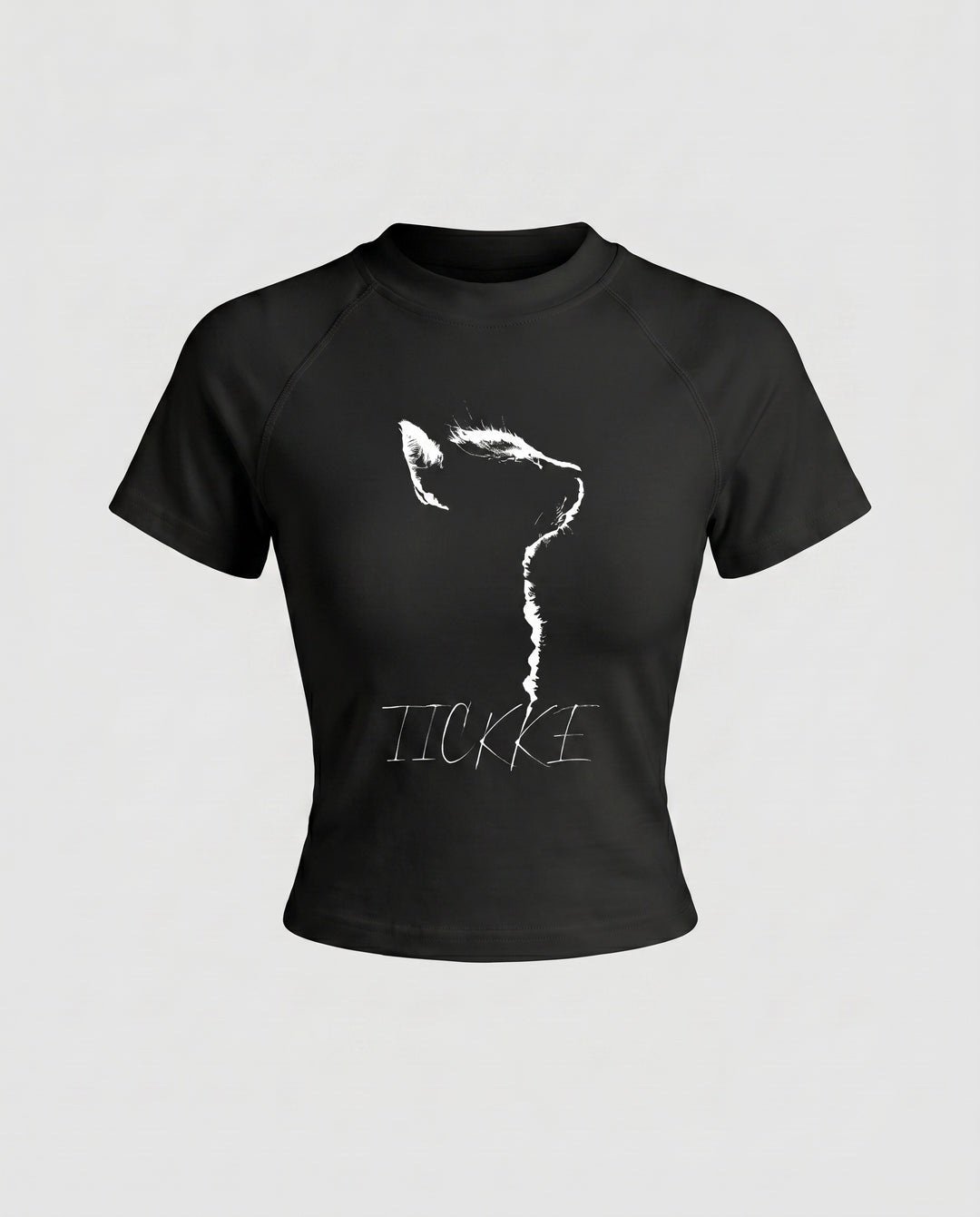 Damen nan tailliertes Kurzshirt mit stretchigem Jersey, Rundhalsausschnitt und minimalistischer Katzen-Skizze R&B
