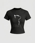Damen nan tailliertes Kurzshirt mit stretchigem Jersey, Rundhalsausschnitt und minimalistischer Katzen-Skizze R&B