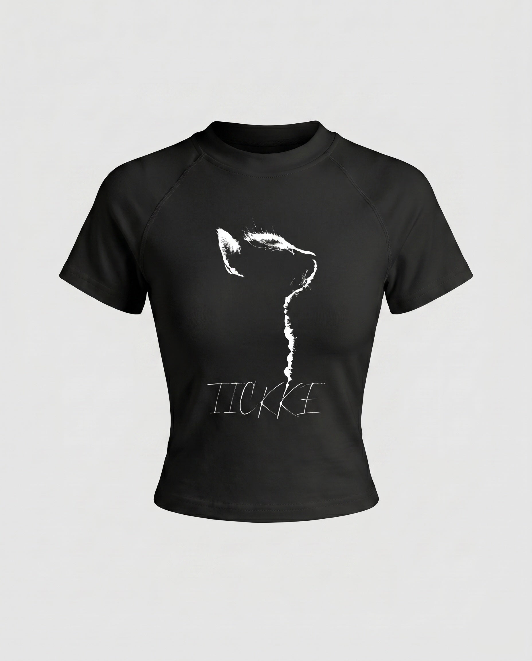 Damen nan tailliertes Kurzshirt mit stretchigem Jersey, Rundhalsausschnitt und minimalistischer Katzen-Skizze R&B