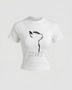 Damen nan tailliertes Kurzshirt mit stretchigem Jersey, Rundhalsausschnitt und minimalistischer Katzen-Skizze R&B