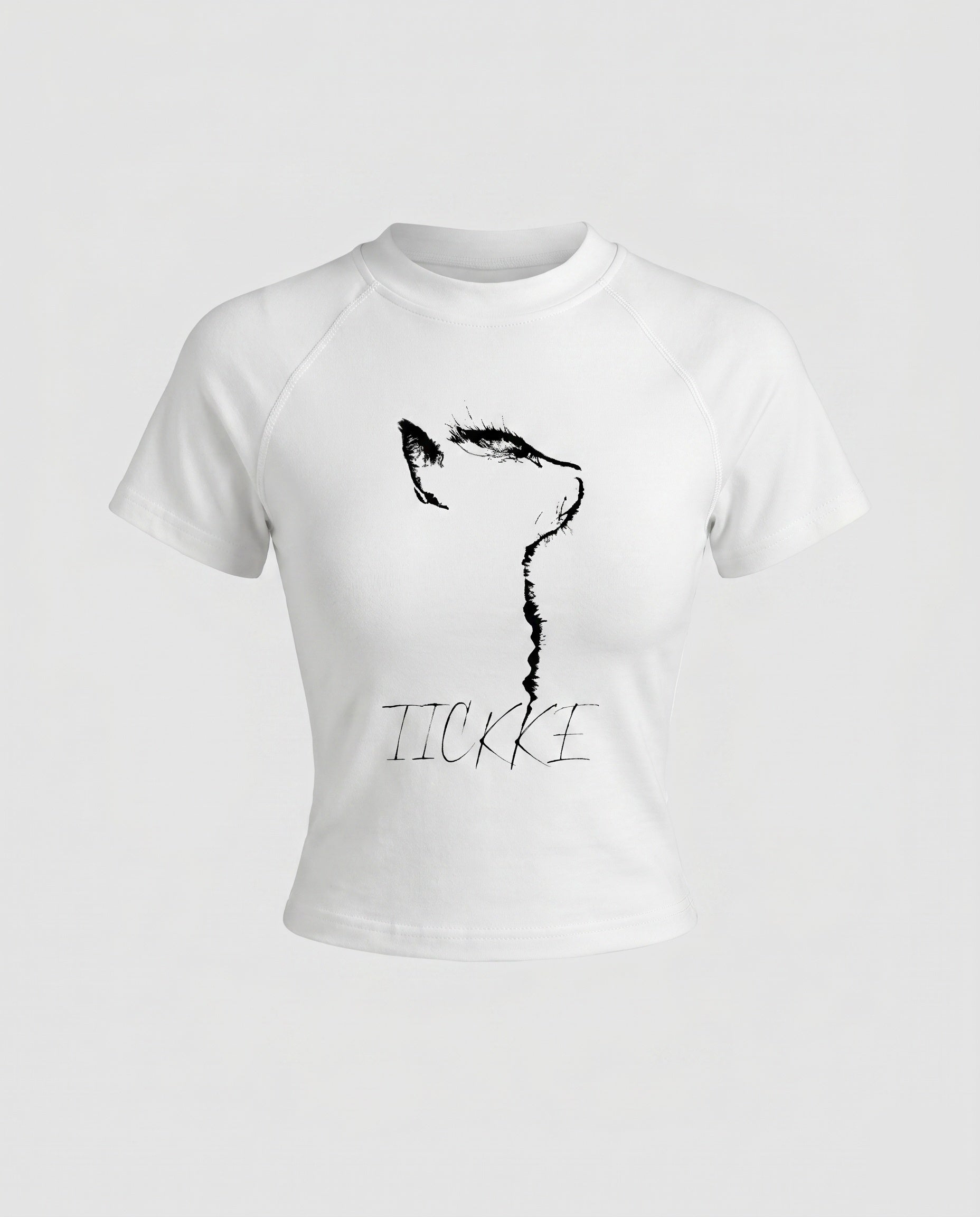 Damen nan tailliertes Kurzshirt mit stretchigem Jersey, Rundhalsausschnitt und minimalistischer Katzen-Skizze R&B