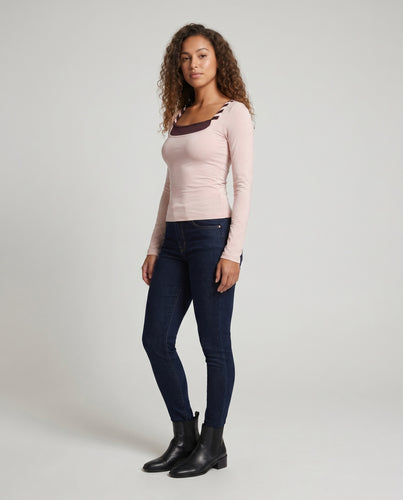 Damen nan tailliertes Langarm-Layering-Top mit integriertem Unterzugs-Einsatz und Zierlaschen R&B