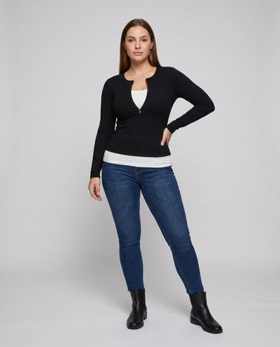 Damen nan tailliertes Langarmshirt mit kurzem Frontzip und integriertem Bustier-Lagenlook R&B