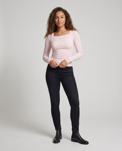 Damen nan tailliertes Langarmtop mit doppeltem eckigem Ausschnitt und feinem Stretchjersey R&B