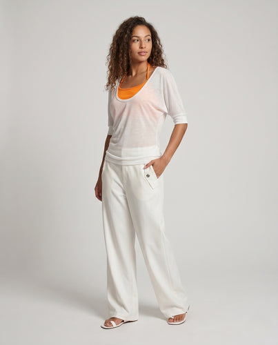 Damen nan transparenter Oversize-Voilepullover mit weitem U-Boot-Ausschnitt und halblangen Ärmeln R&B