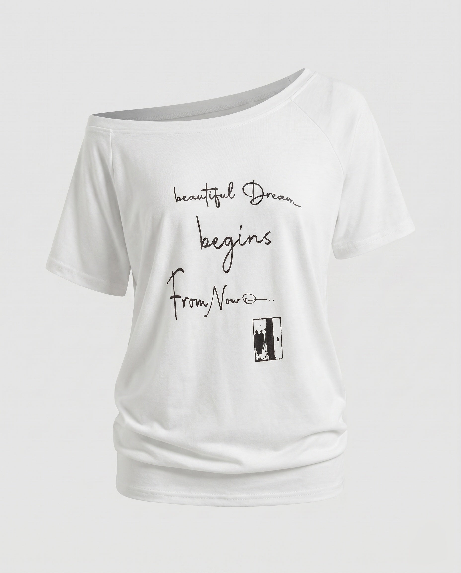 Damen nan weit geschnittenes Freizeitshirt mit überschnittenen Schultern, asymmetrischem Ausschnitt und Statement-Print R&B