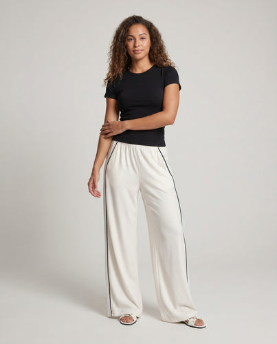Damen nan weite Fließhose mit kontrastierender Seitenpaspel und elastischem Bund R&B