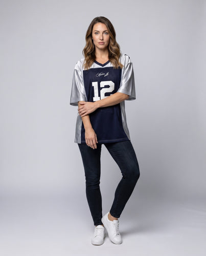 Damen nan weites Sportjersey im Football-Stil mit Mesh-Front und glänzenden Ärmeln R&B