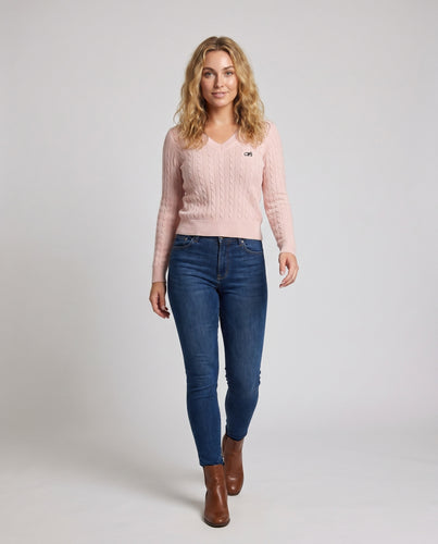 Damen nan Zopfmuster-Pullover mit V-Ausschnitt und feiner Logo-Stickerei R&B