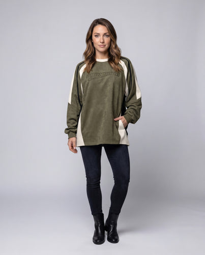 Unisex nan Oversize-Raglan-Sweatshirt im Retro-Sportstil mit kontrastbesetzten Einsätzen und Brustschriftzug R&B