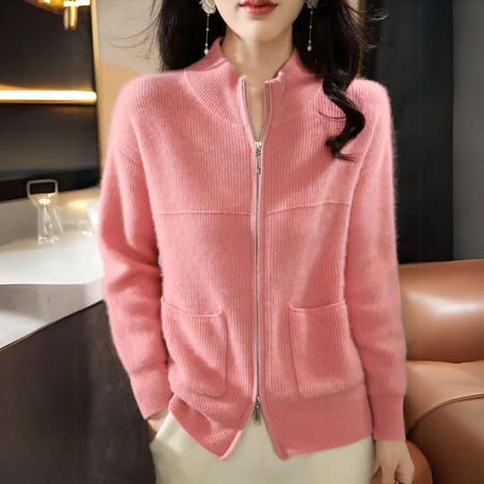 R&B | Damen Merino Strickjacke mit Reißverschluss und langen Ärmeln