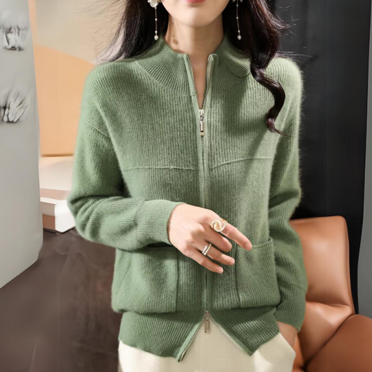 R&B | Damen Merino Strickjacke mit Reißverschluss und langen Ärmeln
