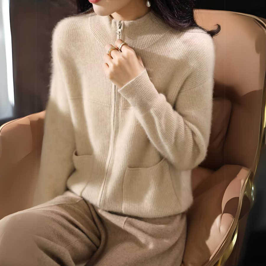 R&B | Damen Merino Strickjacke mit Reißverschluss und langen Ärmeln