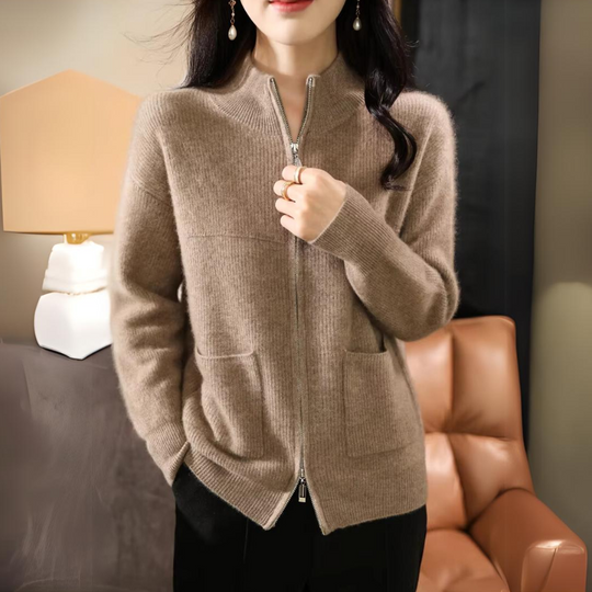 R&B | Damen Merino Strickjacke mit Reißverschluss und langen Ärmeln