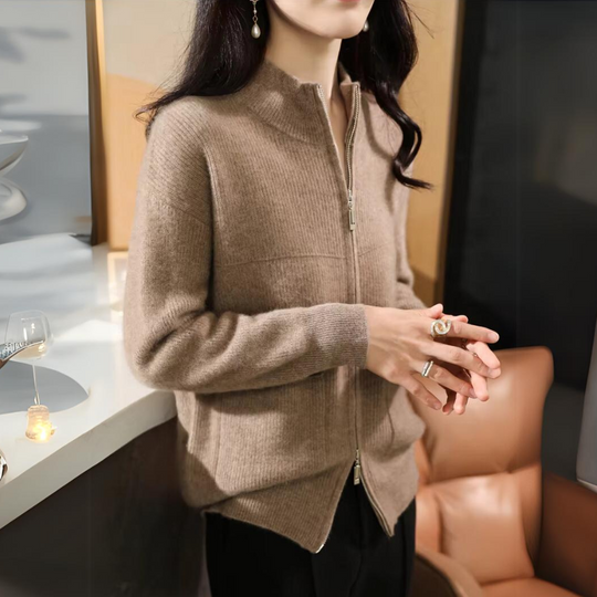 R&B | Damen Merino Strickjacke mit Reißverschluss und langen Ärmeln