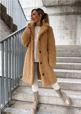 R&B | Teddy-Mantel Langer Oversized-Schnitt Weich und Warm Druckknopfverschluss und Breiter Kragen