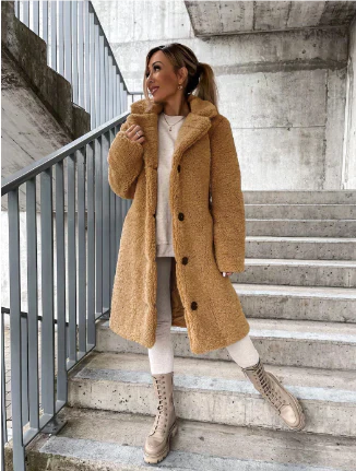 R&B | Langer Mantel Plüschtextur Relaxed Fit Vollständig Länge Knopfverschluss