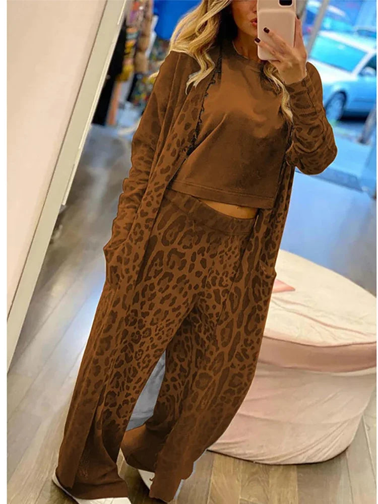R&B | Leopardenprint Cardigan, Langarm Taschen und Gummizug Hosen Satz