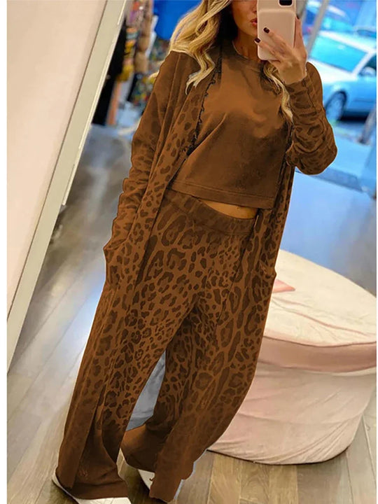 R&B | Leopardenprint Cardigan, Langarm Taschen und Gummizug Hosen Satz