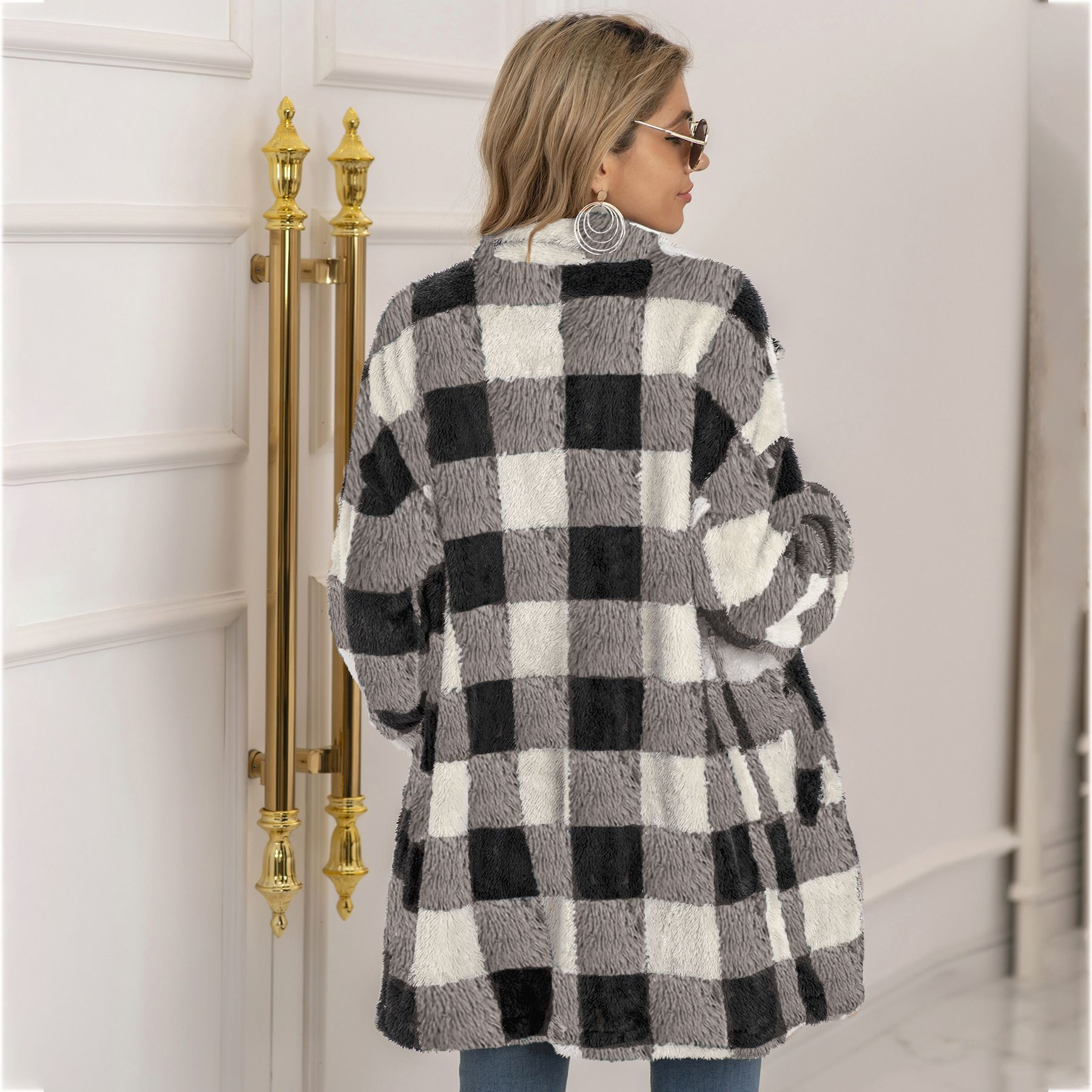 R&B | Mantel Übergröße Soft und Warm Kariertes Muster Knopfverschluss