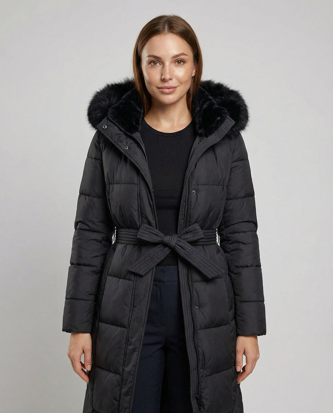 R&B | Winterjacke - Stilvolle Schwarze Damenjacke mit Einer Kunstfellkapuze