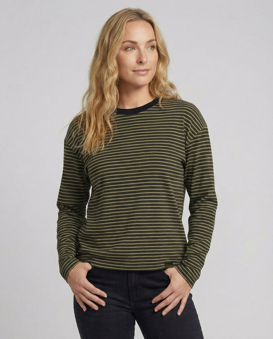 Gestreiftes Langarmshirt Damen Rundhals Locker Baumwolle Casual Oberteil