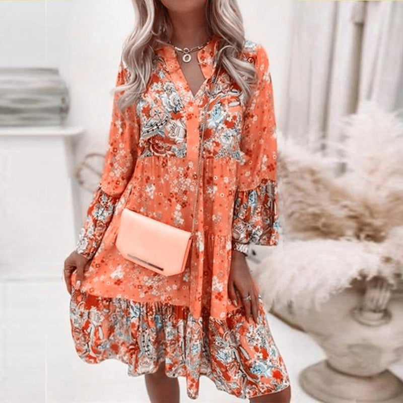 Heidi-Mode – Mehrfarbiges Sommerkleid mit V-Ausschnitt