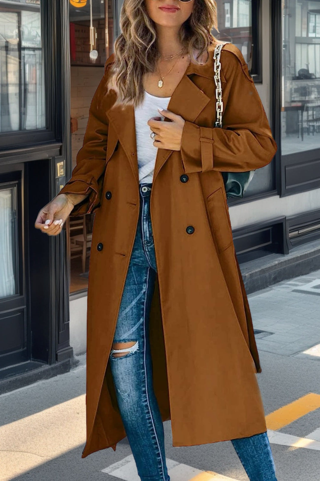 R&B | Trenchcoat Relaxed Fit Doppelreiher Gürteltasche Atmungsaktive Mischung