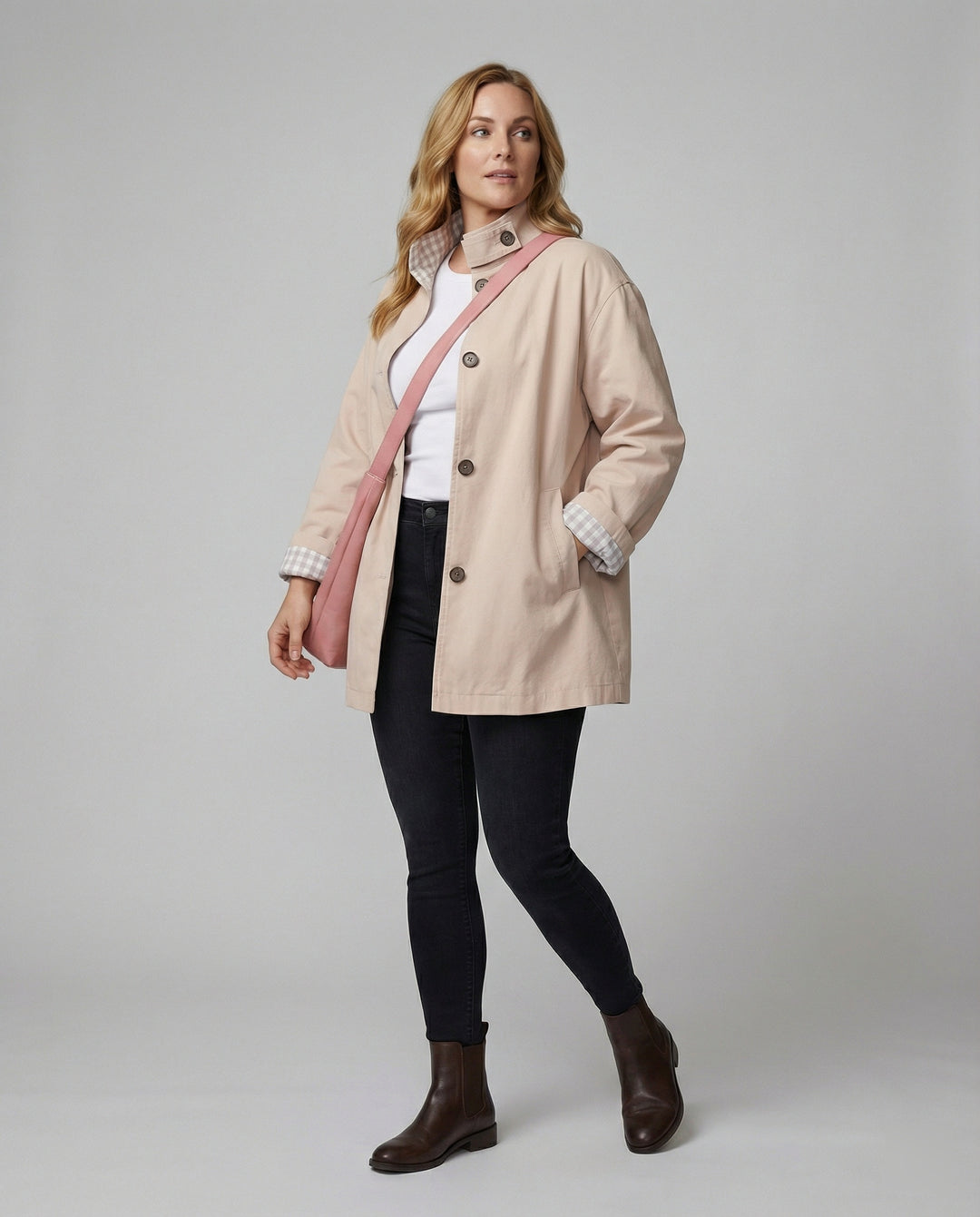 Rosa Trenchcoat Damen Kurze Herbstjacke Lockerer Schnitt Modisches Design