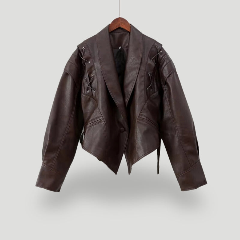 R&B | Lederjacke - Wickeldesign - Gurtel Taille - Strukturierte Schultern - Schnürdetails