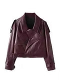 R&B | Bordeaux kurze Herbstjacke mit Ärmelgürteln